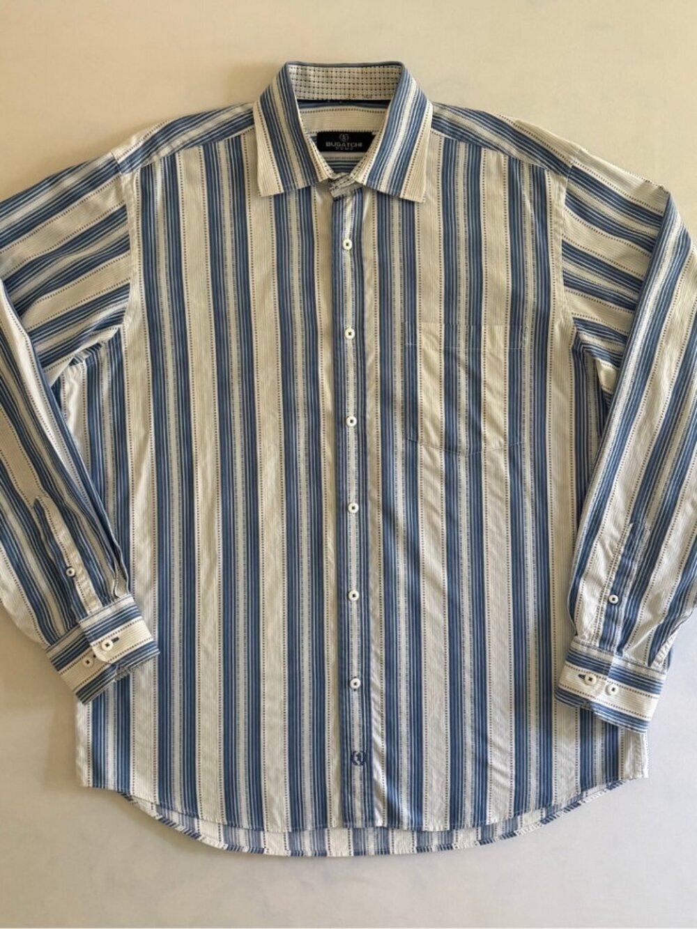 Bugatchi Uomo 100% Cotton Blue Striped Button Down Polo Long Sleeve